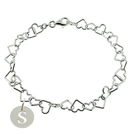 Christopher James of London CJoL - Sterling Silver Ladies 11" (28cm) Heart Link Charm Anklet With Round Initial Charm In Gift Box - 6.2g
