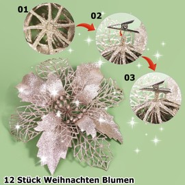 GLITZFAS 12-Piece Glitter Christmas Tree Decoration, Ornaments, Flower Decoration, Christmas Tree Pendants (Champagne, 16 cm)