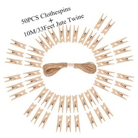 DurReus 50PCS Small Wooden Clothespins for Pictures with Jute Twine Miniature Clothes Pins for Crafts Decor Drying Clothing Peg Natural Wood Shirt Clips