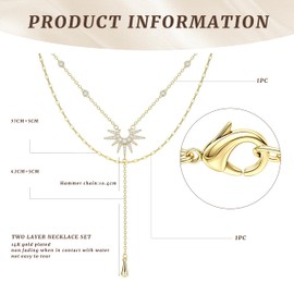 Auiremrti Delicate Multi-Strand Gold Necklace for Women, 14K Gold Plated Y Necklace and Chain, Delicate Long Lasso Necklaces, Necklace with Sun Pendant, Jewellery Gift