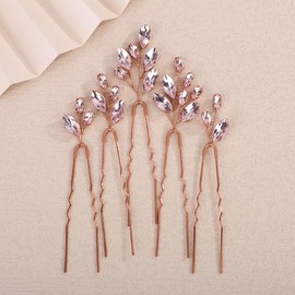 Teyglen 5pcs Pink Rhinestone Bride Wedding Hair Pins Bridal Crystal Hair Pins Clips Simple Crystal Hair Piece Hair Accessories for Women Bridesmaid Headpiece(Pink)