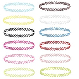 XUZWECP Pack of 12 Rainbow Necklace Vintage Elastic Necklace, Tattoo Choker Necklace Set Fashion Stretch Gothic Elastic Collar Jewellery Sets Women's Necklace Jewellery for Women Girls, Plastic