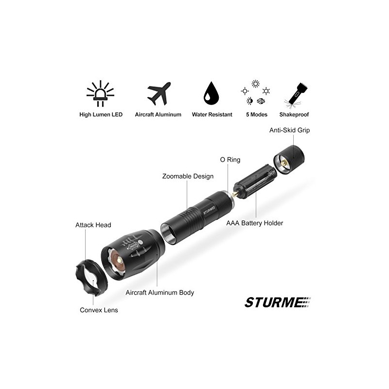 STURME LED Tactical Flashlight,5 Modes Ultra Bright Zoomable IP65 Water-Resistant