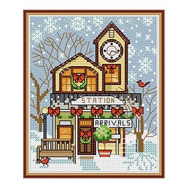 Howie's Needlepoint 14CT Pre-Printed Cross Stitch Kits,Embroidery Patterns Starter Kits,Needlepoint Kits - Christmas Cottage