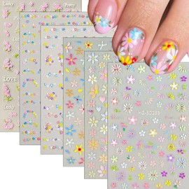 6 Sheet Flower Nail Sticker 5D Embossed Nail Art Decals Spring Nail Art Sticker Colorful Summer Floral Leaf Nail Decals Self-Adhesive Nail Supplies for Women Manicure Decoration