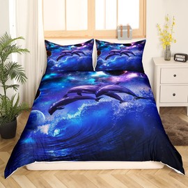 Dolphin Duvet Cover Queen Starry Sky Sea Water Bedding Set 3pcs for Kids Teens Bedroom with 2 Pillowcases Planet Galaxy Sea Blue Quilt Cover Soft Comforter Cover