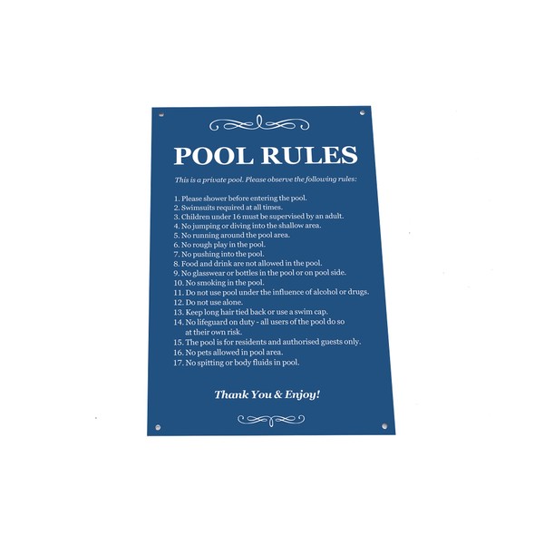 Pool Rules - Black & White/Blue & White Sign for outdoor use with a list of health and safety points about using swimming pool. Ideal for use in holiday accommodation (Blue)