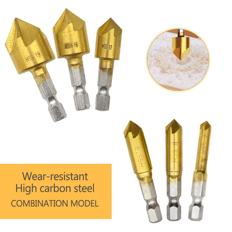 Ruidee 6 Pcs Countersink Drill Bits Set Hex Shank Wood