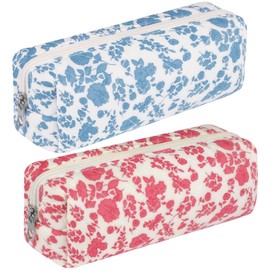 Fyoutt 2 Pack Cute Floral Cotton Makeup Brush Cosmetic Bag for Women Quilted Makeup Bag Zipper Closure Flowers Toiletry Organizer Case Kawaii Makeup Cosmetic Travel Cloth Pouch(Blue+Hot Pink Floral)