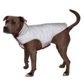 Furhaven Water-Repellent & Reversible Medium Dog Coat, Washable & Reflective w/ Leash Access, Pocket, & Carry-On Purse - Puffer Dog Jacket - Red, Medium