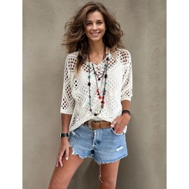 NASKY Women’s Casual Knit Pullover Hollow-Out 3/4 Batwing Sleeve Lightweight and Comfortable Boho Chic Summer Sweater（White，Medium）