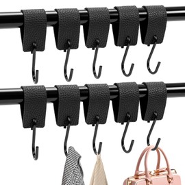 S Hooks, Black, Pack of 10 S Hooks with Leather Loop, Hooks for Clothes Rail, Window Hooks for Hanging, Coat Hooks, Trouser Hooks for Kitchen, Wardrobe Hanging, Bathroom, Bedroom, Living Room