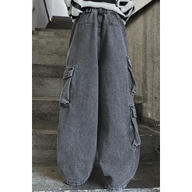 Girls Grey Multi-Pocket Cargo Jeans Baggy Waist Wide-Leg Jeans, B1-Gray, 5-6 Years = Tag 120
