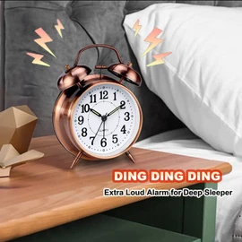 Azyh Loud Alarm Clock for Heavy Sleepers Adults, Metal 4 Inches Twin Bell Battery Operated Alarm Clocks for Bedrooms Decoration, Silent Non-Ticking, Back-to-School Gift (Red Brown)