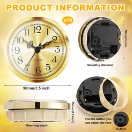 Outus 10 Pack 3-1/2 Inch (90 Mm) Quartz Clock Insert Fit up Movement Miniature Clock with Gold Trim Arabic Numerals