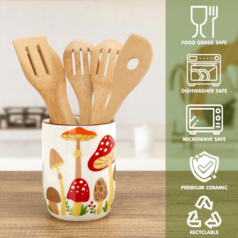 Nefelibata Mushroom Ceramic Utensil Holder Rustic Functional Utensil Crock Kitchen