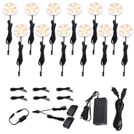 AIBOO LED Under Cabinet Lighting, 12V Under Counter Lights, Touch Dimming Puck Lights, Hardwired or Plug in with UL Listed Adapter, Updated Home Light, Accent Lights 24W (12 Lights Warm White)