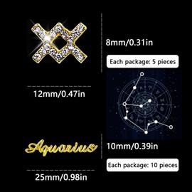 MOLILON 15pcs 3d Gold Aries Nail Charms 5pcs Zodiac Signs and 10pcs Zodiac Letter Nail Studs Rhinestones Crystal Alloy Twelve Constellation Charms for DIY Crafts Jewelry Decoration Nail Supplies
