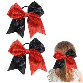 Large Sequin Glitter Cheer Hair Bows,Sparkly Bows Ponytail Holder Elastic Band for Cheerleading Teen Girls College Sports (Red Black)