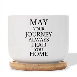 DecStic May Your Journey Always Lead You Home Planters Ceramic Bible Verse Round Plant Pots with Drainage Holes and Bamboo Tray Pot for Indoor Outdoor Garden