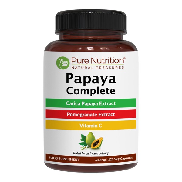 Pure Nutrition Papaya Complete - 120 Veg Capsules. (Supports Platelet Immunity & Digestion) Each Capsule contains 500mg Carica Papaya Fruit and Leaf Extract. Non-GMO | Gluten-Free | 120 Days Supply