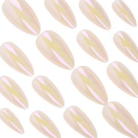 Almond Press On Nails Medium Fake Nails Chrome With Mirror Metal Design Aurora False Nails Full Cover Acrylic Artificial Glossy Glue On Nails Reusable Stick On Nail For Women 24pcs