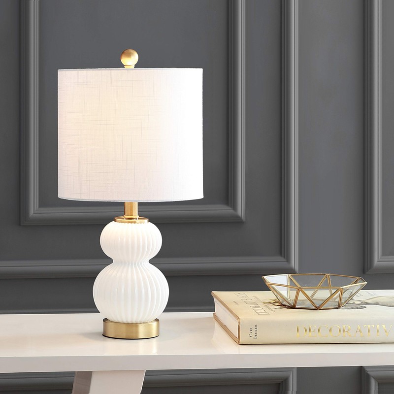JONATHAN Y 20" White/Brass Gold Ribbed Gourd Glass Table Lamp,