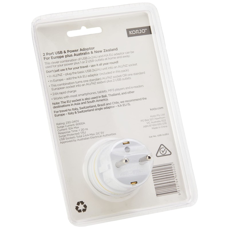 Korjo EU USB Power Adaptor, 2X USB Sockets, 1x AUS/NZ