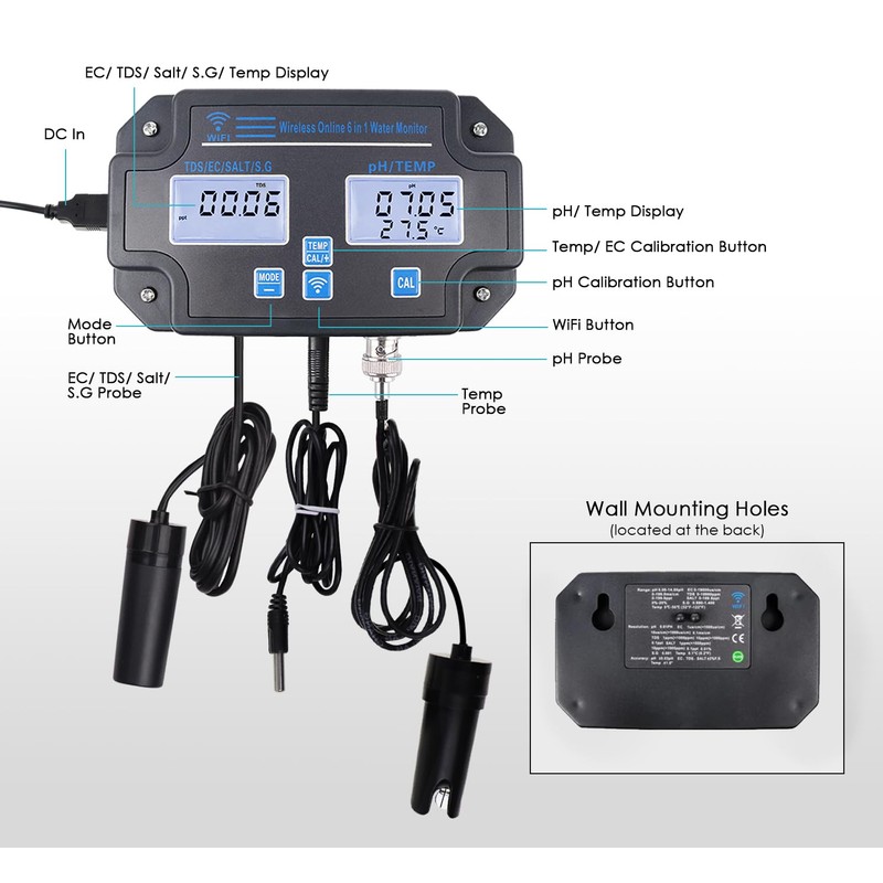 Smart Water Quality Tester 6-in-1 pH/EC/TDS/Salinity/S.G and Temperature Meter with