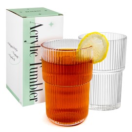 REALWAY 17oz Ribbed Plastic Glasses, Unbreakable Acrylic Drinking Cups – Clear, Reusable, Dishwasher Safe, Stackable Tumblers for Kitchen & Parties – Set of 12
