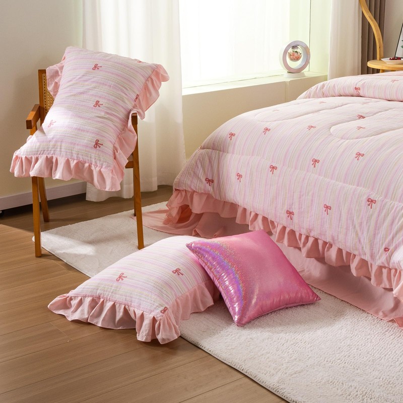 A Nice Night Rainbow Stripes & Bows Bedding Set,Ruffle 6