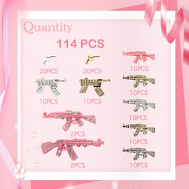 XIYONALI 114PCS Gun 3D Nail Charms for Acrylic Nails, Gold Silver Alloy Nail Gems Small Pistol Machine Gun Nail Accessories, Nail Rhinestones for Nail Art Supplies Manicure Craft DIY