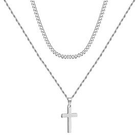 Layered Cross Necklace for Men Twisted Rope Cuban Link Chain Necklace Cross Pendant Necklace for Men Women Boy Girls 16-20 Inches (C)
