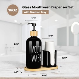 BYAWAY Black Mouthwash Dispenser for Bathroom - 16oz Pump Glass Bottle with Cup Holder, 14 Mouthwash Cups,Bamboo Tray, and Funnel - Bathroom Mouthwash Container