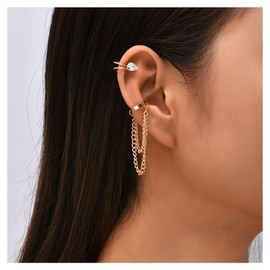 Cimenexe Bohemian CZ Rhinestone Cuff Chain Dangle Earrings Vintage Crystal Ear Cuff Earrings Gold Long Chain Earring Tassel Chain Earrings No Piercing Earrings Jewellery For Women And