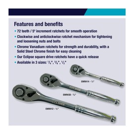 Eclipse Professional Tools EMRH12 All Metal Square Drive Ratchet Handle 1/2" - Chrome Vanadium Steel, 72 Teeth, Quick Release, Durable for Tightening and Loosening Nuts and Bolts