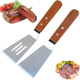 Set of 2 Spatula Scraper, Stainless Steel Spatula, Grill Spatula, BBQ Griddle Spatula, Frying Turner, Heat Resistant Non-Stick Cooking Spatula, Grill Scraper with Wooden Handle for Bakery, Flat Top,