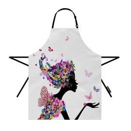 Moslion Floral Apron 31x27 Inch Art Nature Girl with Pink Flowers Butterfly Leaf Flora Kitchen Chef Waitress Cook Aprons Bib with Adjustable Neck for Women Men Girls