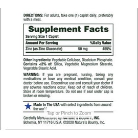Nature’s Bounty ZINC 50mg Vitamin Immune Health Supplement 400 Count Caplets