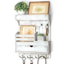 Rebee Vision Farmhouse Key Holder Wall Mount with Drawer Organizer – Pine Wooden Mail and Key Organizer for Wall with 6 Rustic Hooks & Floating Shelf – Chic Home Decor Accent (Whitewash)