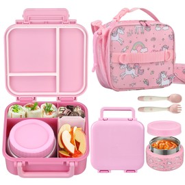 BEAQUEE Kids Lunch Box Set with Bento Box, 9oz Stainless Steel Thermos & Insulated Lunch Bag – Hot & Cold Leakproof Lunch Container with Utensils for School & Travel