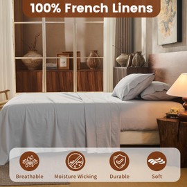 Overket 100% Linen Sheets Queen Size,Breathable & Durable 4-Piece Bed Flax Sheet Set,Soft All-Season Bedding for Hot Sleepers 16" Deep Pocket Oeko-TEX Certified,（Queen, Grey）