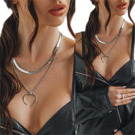Wendalern Multilayer Snake Chain Necklace Silver Herringbone Choker Necklace Boho Crescent Moon Pendant Necklace Petite Double Horn Crescent Moon Necklaces Jewellery for Women Girls