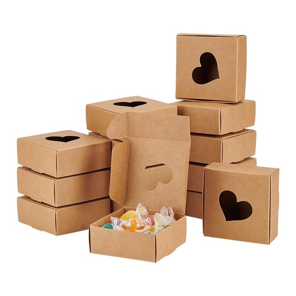 BENECREAT 30 Packs Kraft Paper Boxes with Heart Window 3x3x1.2" Cardboard Gift Boxes for Wedding Party Favor Treats, Jewelry, Mother's Day Festival Gift Packaging