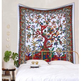 Indian Cotton Tapestry Tree of Life Wall Hanging Large Boho Bohemian Trippy Hippie Psychedelic Bedspread Throw Picnic Mat Living Room Home Decor (White- Tree of Life, 90x84 inches (220x215 cm))