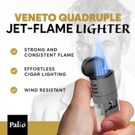 Palió Veneto Quadruple Jet Flame Butane Torch Lighter, Clear | High Capacity Tank, Adjustable Flame, Ergonomic Design with Integrated Lanyard Loop, Flip-Top Lid Doubles as Rest
