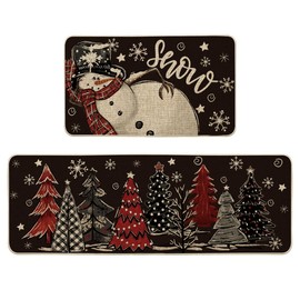 Artoid Mode Black Snowman Xmas Tree Snowflake Let It Snow Christmas Kitchen Mats Set of 2, Winter Home Decor Low-Profile Kitchen Rugs for Floor - 17x29 and 17x47 Inch