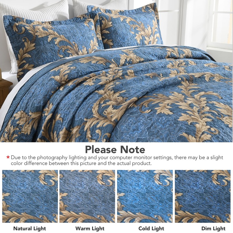 Qiqiong 100% Cotton Elegant Floral King Quilt Set, Denim Blue