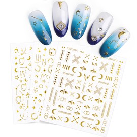 3 Sheets Gold Glitter Nail Art Stickers 3D Self-Adhesive Nail Decals Star Moon Honeybee Nail Art Decorations for Women Girls DIY Nail Design