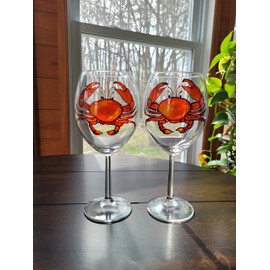 Red Crab Stemmed Hand Painted Wine Glasses Set of 2
